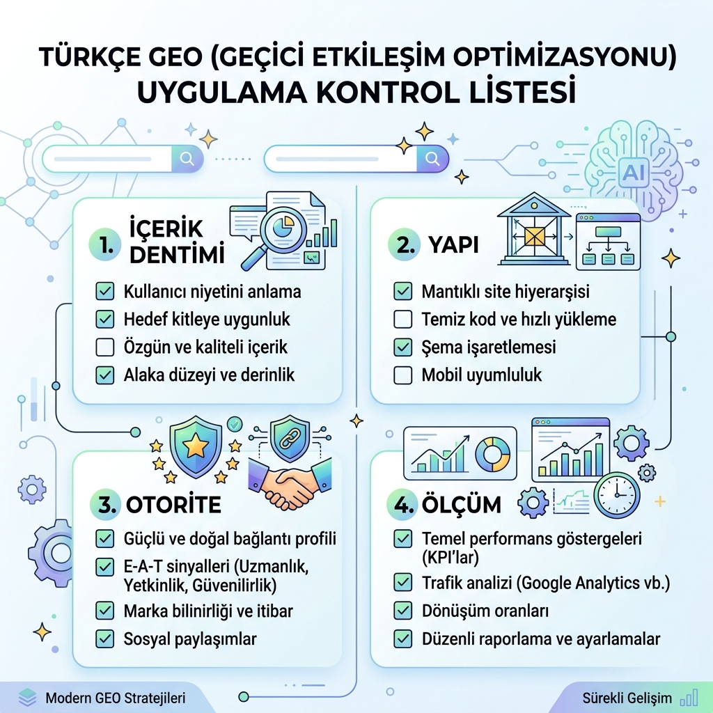 Diagrama de workflow para integrar GEO con SEO mediante mapas de consulta, fundamentos de página, hechos de entidad, evidencia, pruebas de IA y medición