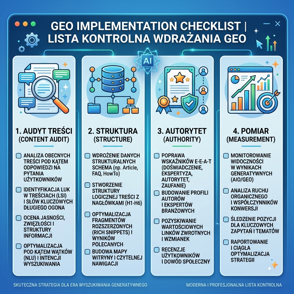 Diagrama de workflow para integrar GEO con SEO mediante mapas de consulta, fundamentos de página, hechos de entidad, evidencia, pruebas de IA y medición