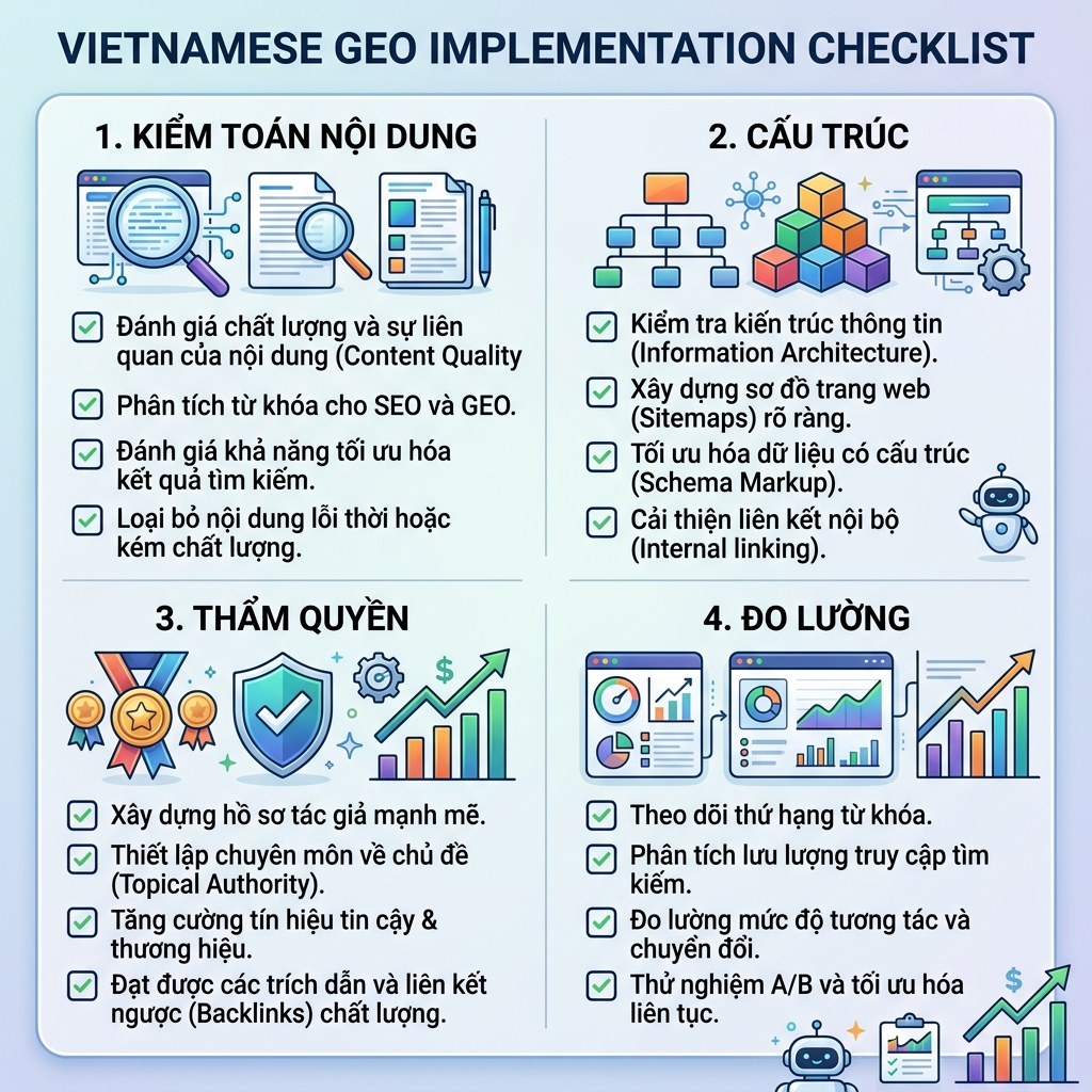 Diagrama de workflow para integrar GEO con SEO mediante mapas de consulta, fundamentos de página, hechos de entidad, evidencia, pruebas de IA y medición