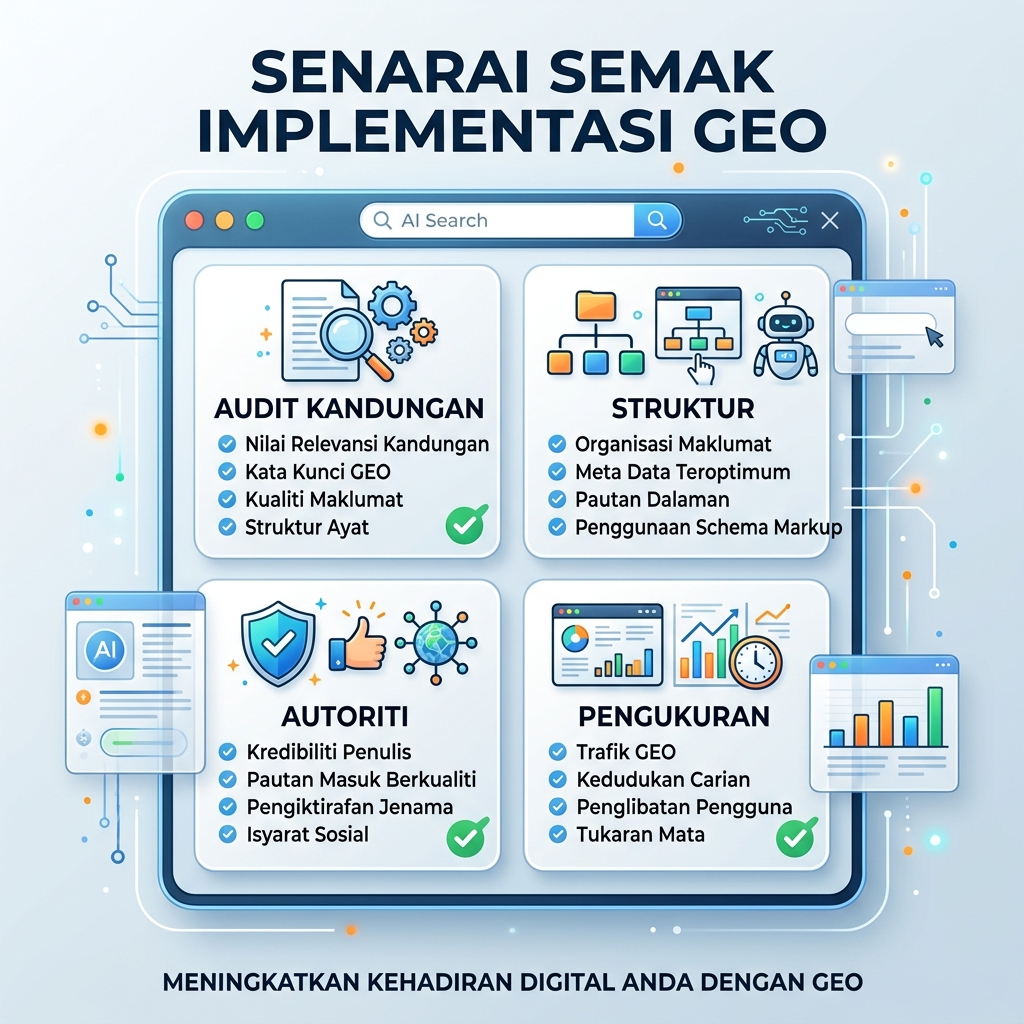 Diagrama de workflow para integrar GEO con SEO mediante mapas de consulta, fundamentos de página, hechos de entidad, evidencia, pruebas de IA y medición