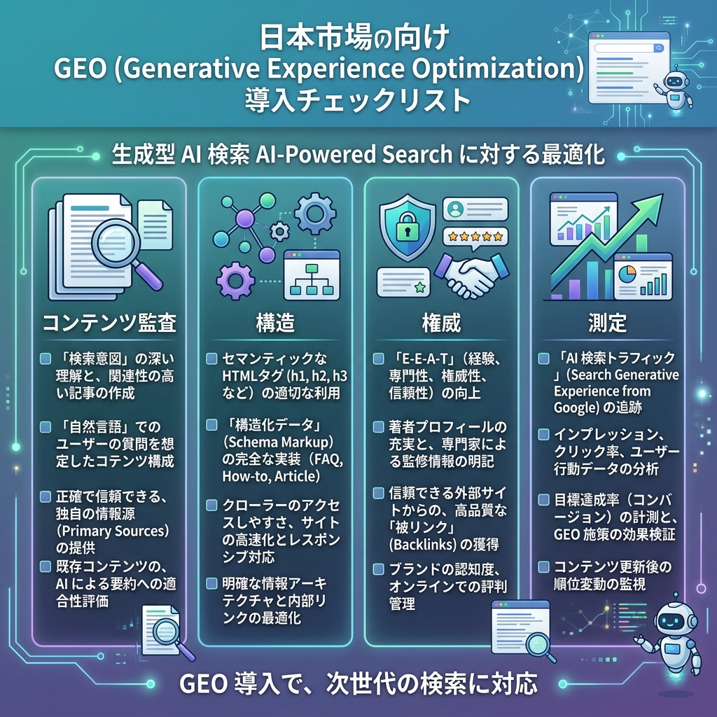 矩阵图，对比 SEO 和 GEO 的表面、意图、输出、成功信号和内容格式