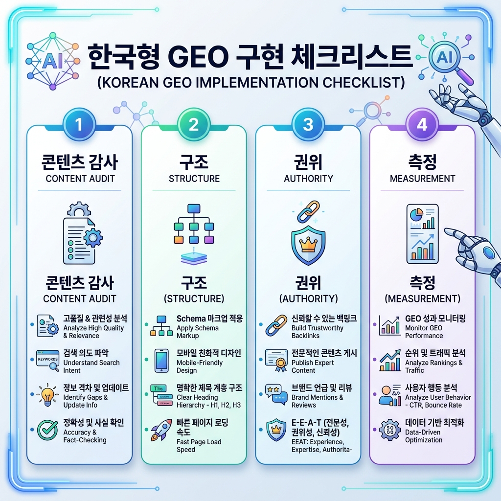 矩阵图，对比 SEO 和 GEO 的表面、意图、输出、成功信号和内容格式