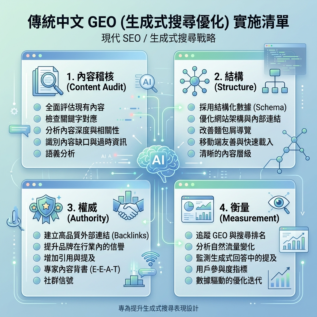 矩陣图，比較 SEO 和 GEO 的表面、意图、輸出、成功訊號和內容格式