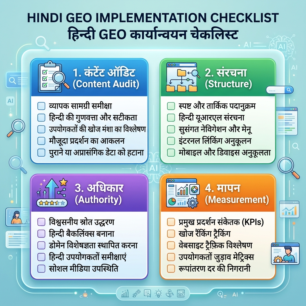 矩阵图，对比 SEO 和 GEO 的表面、意图、输出、成功信号和内容格式