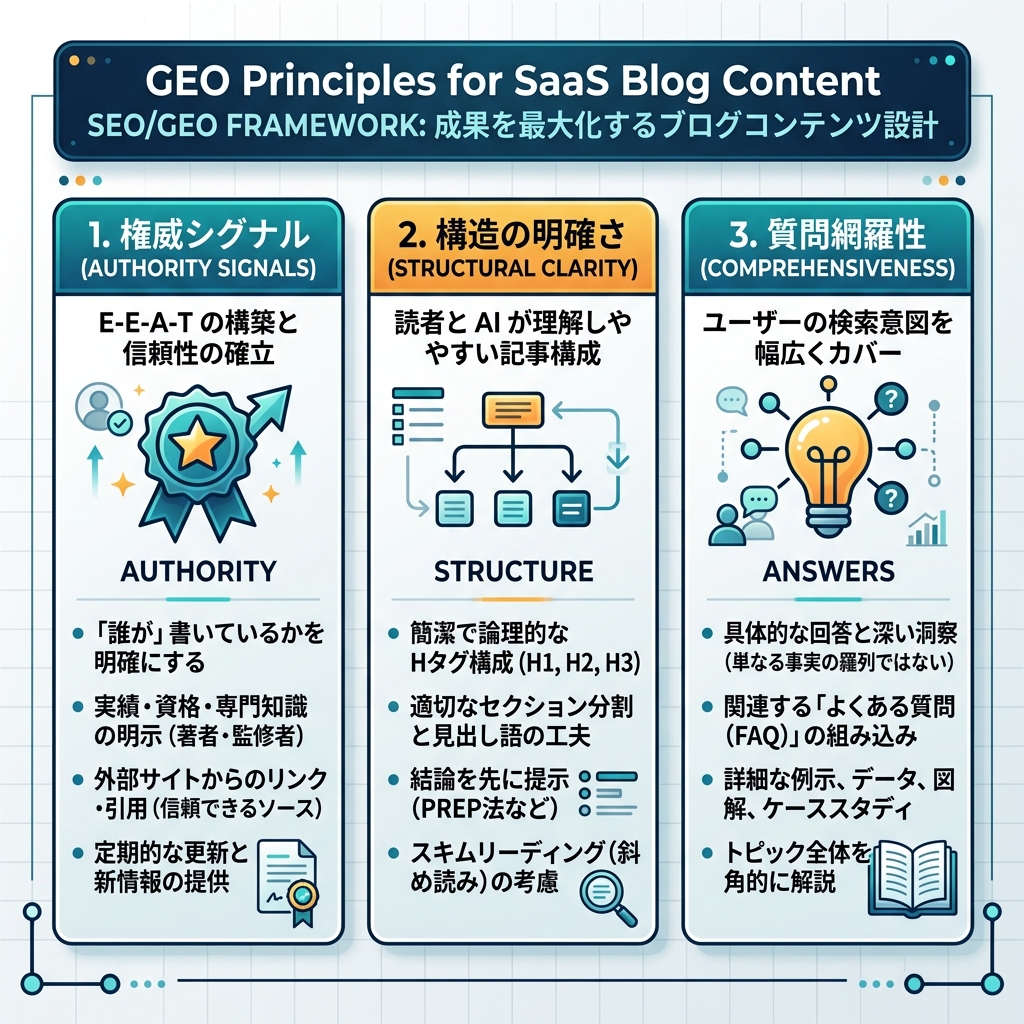 SEO 与 GEO workflow，展示搜索意图、答案结构、技术访问、权威信号和衡量