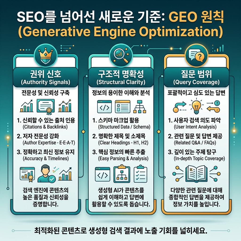 SEO 与 GEO workflow，展示搜索意图、答案结构、技术访问、权威信号和衡量