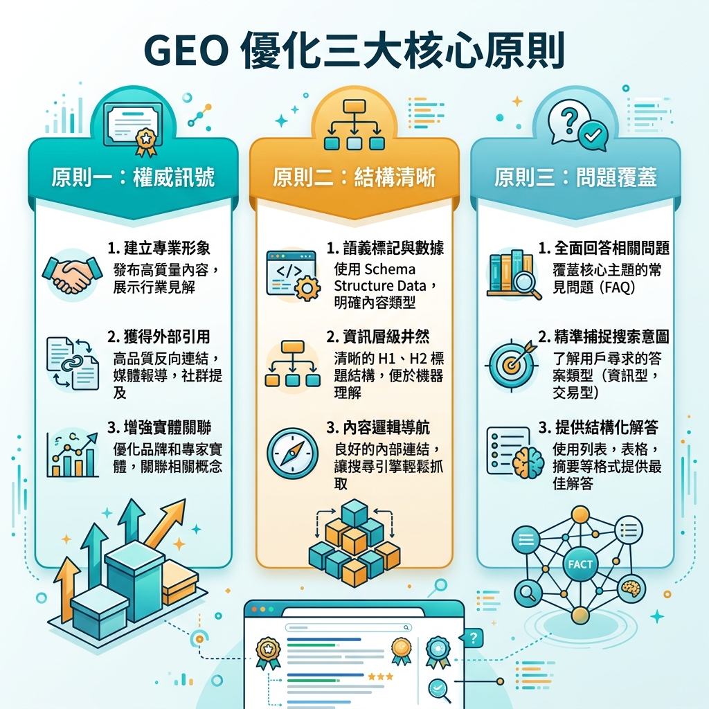 SEO 与 GEO workflow，展示搜尋意圖、答案結構、技術存取、權威訊號和衡量