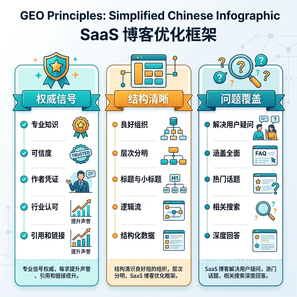SEO 与 GEO workflow，展示搜索意图、答案结构、技术访问、权威信号和衡量