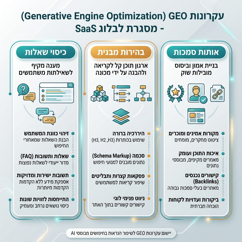 SEO 与 GEO workflow，展示搜索意图、答案结构、技术访问、权威信号和衡量
