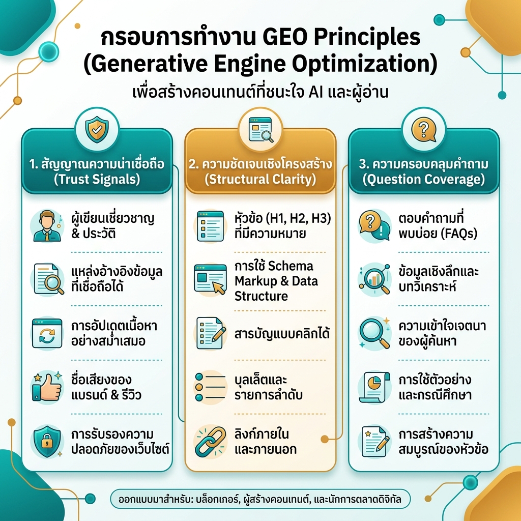 SEO 与 GEO workflow，展示搜索意图、答案结构、技术访问、权威信号和衡量