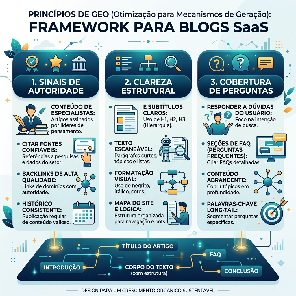 SEO 与 GEO workflow，展示搜索意图、答案结构、技术访问、权威信号和衡量