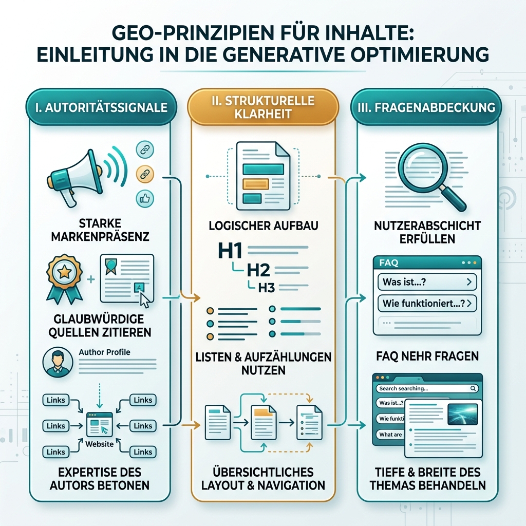 SEO 与 GEO workflow，展示搜索意图、答案结构、技术访问、权威信号和衡量