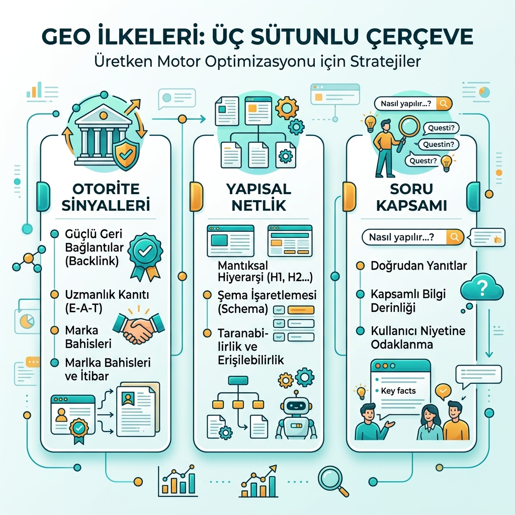 SEO 与 GEO workflow，展示搜索意图、答案结构、技术访问、权威信号和衡量