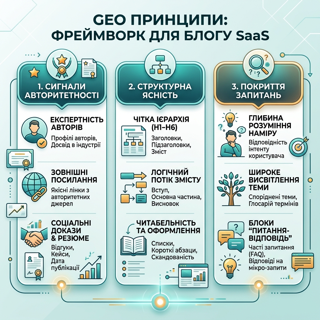 SEO 与 GEO workflow，展示搜索意图、答案结构、技术访问、权威信号和衡量