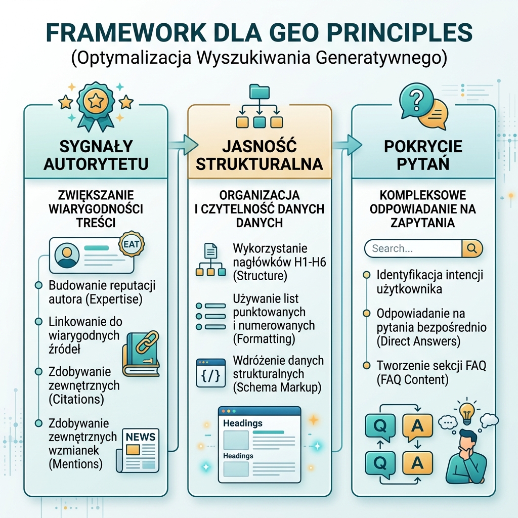 SEO 与 GEO workflow，展示搜索意图、答案结构、技术访问、权威信号和衡量