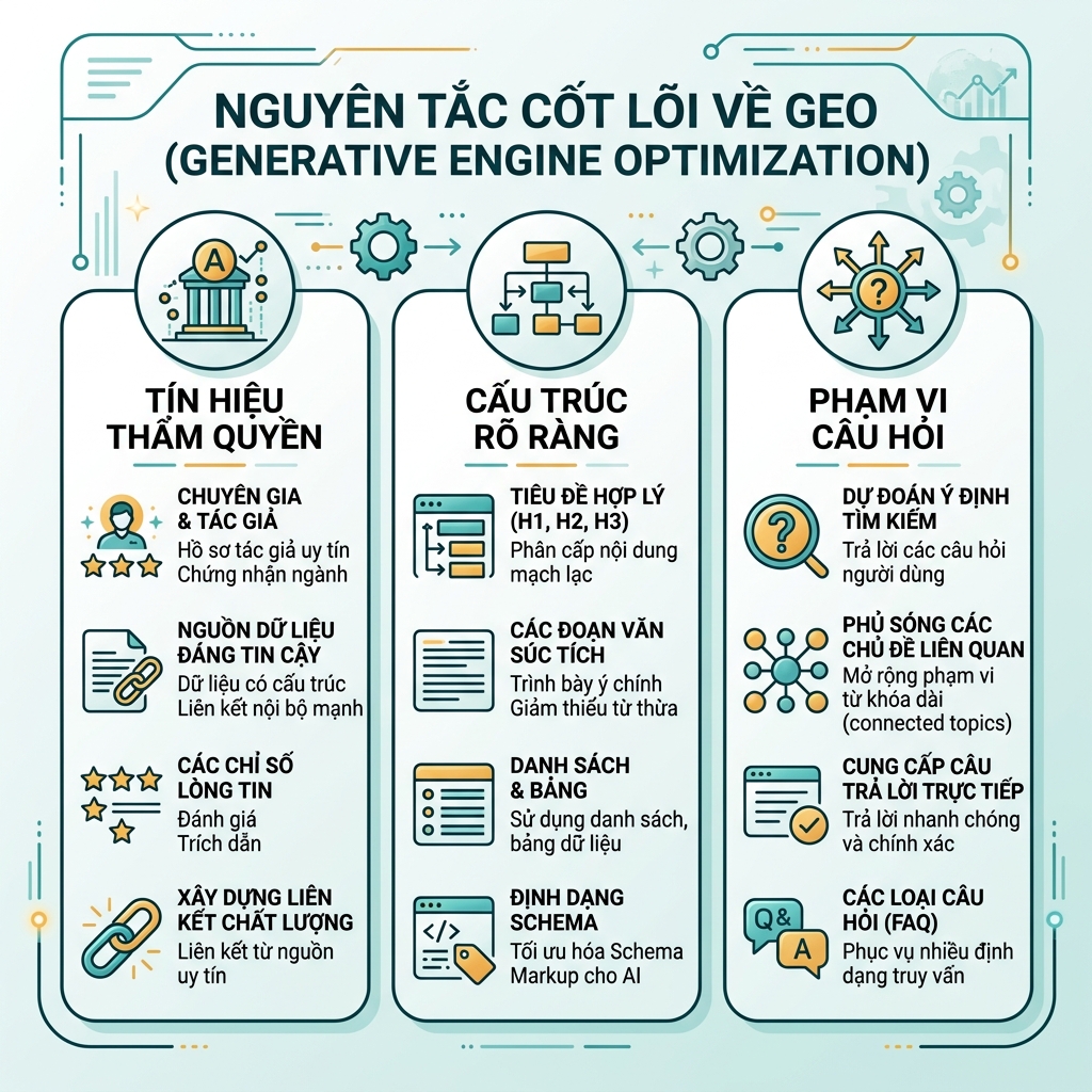 SEO 与 GEO workflow，展示搜索意图、答案结构、技术访问、权威信号和衡量