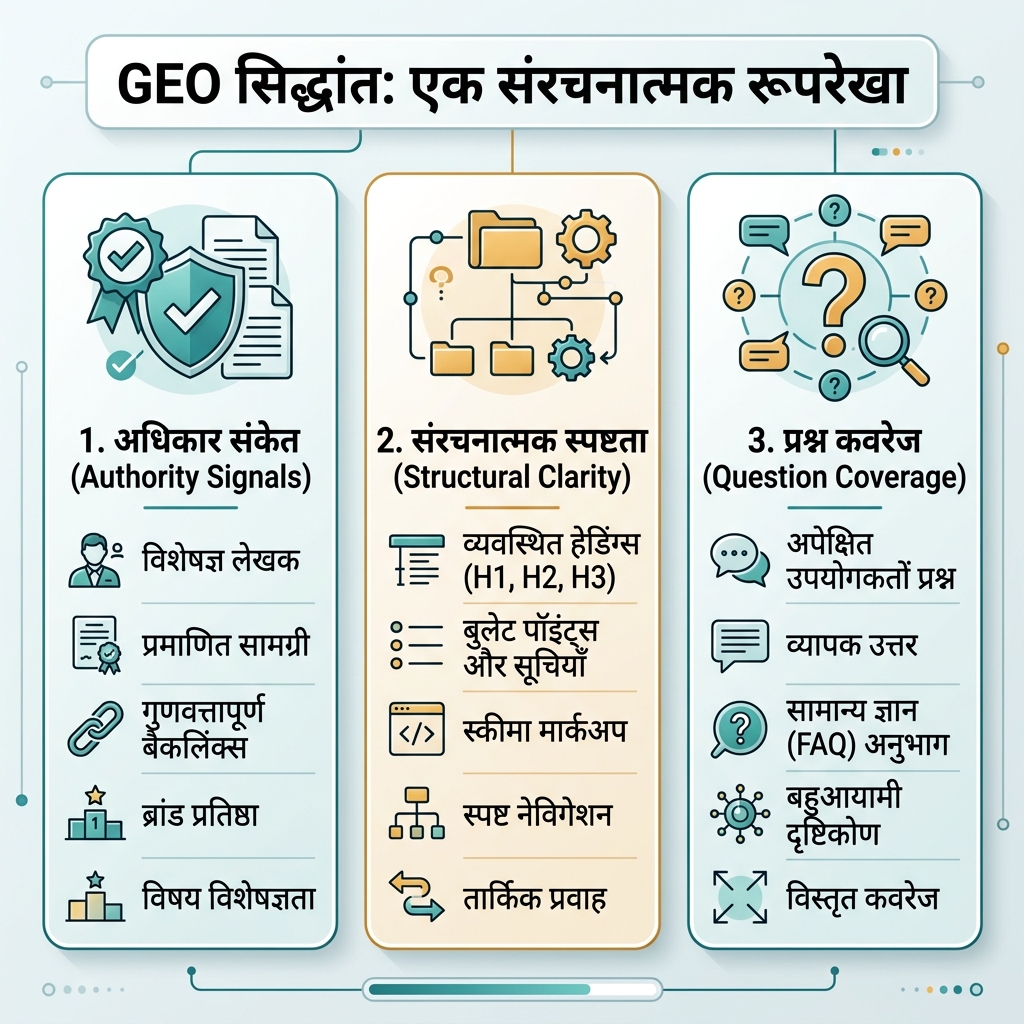 SEO 与 GEO workflow，展示搜索意图、答案结构、技术访问、权威信号和衡量