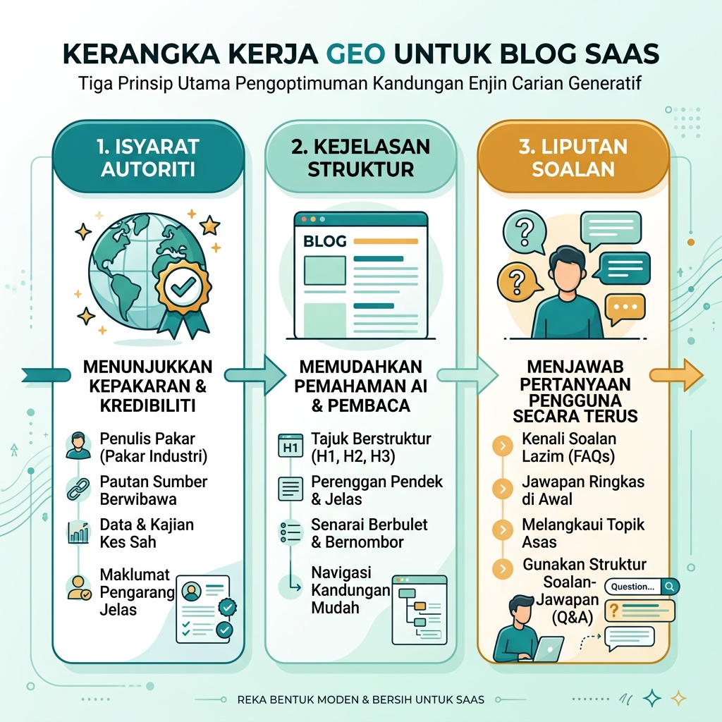 SEO 与 GEO workflow，展示搜索意图、答案结构、技术访问、权威信号和衡量