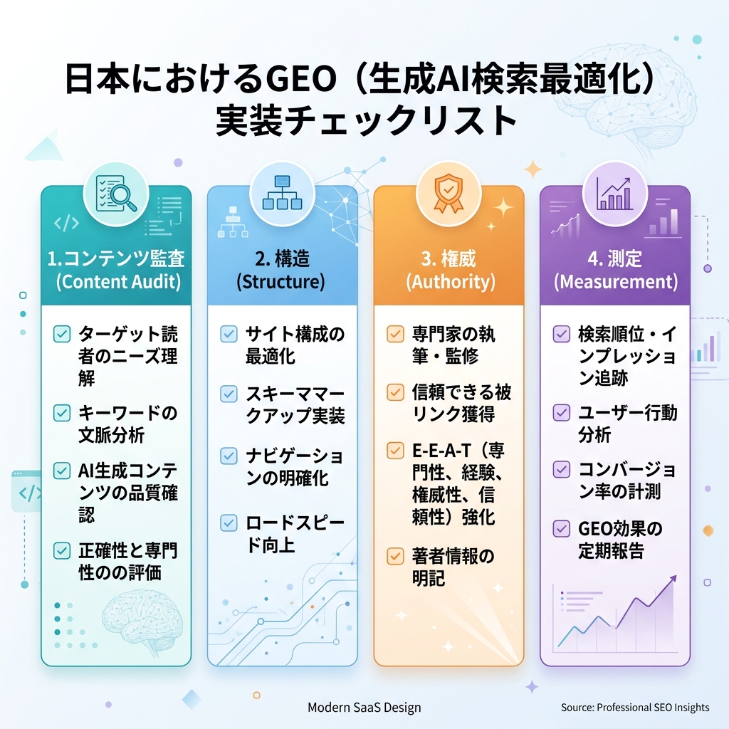 面向 30 天 SEO 和 GEO 计划的四周清单图，覆盖测量、意图映射、页面修复和 AI 可见性