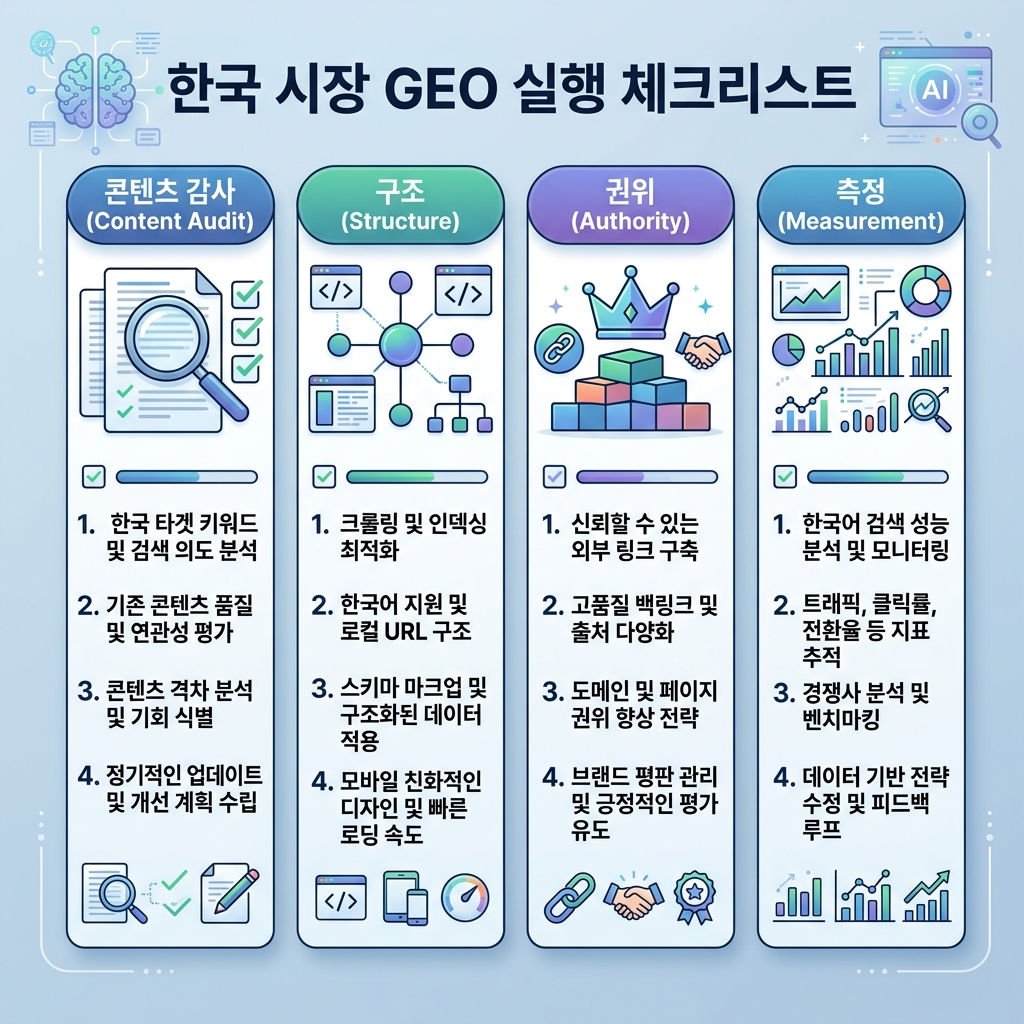 面向 30 天 SEO 和 GEO 计划的四周清单图，覆盖测量、意图映射、页面修复和 AI 可见性