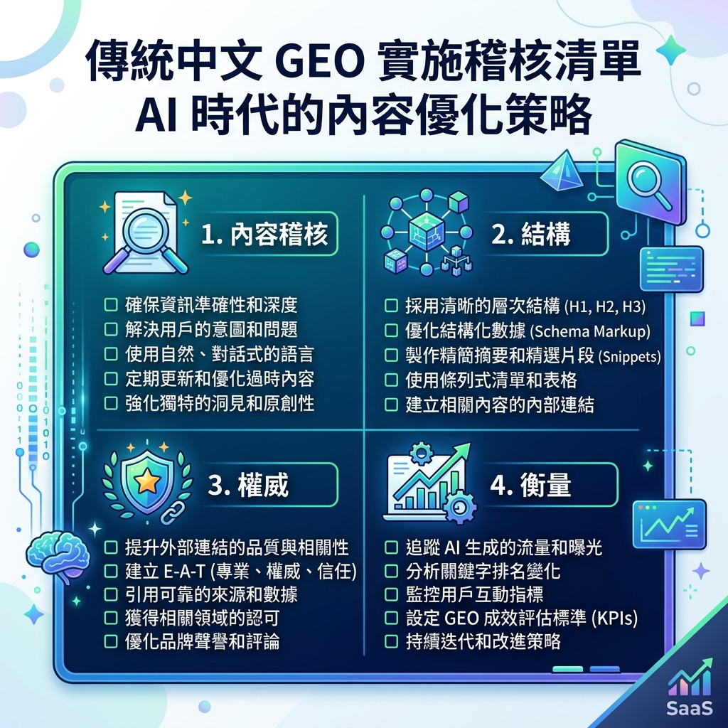 面向 30 天 SEO 和 GEO 计划的四周清单图，覆盖测量、意图映射、页面修复和 AI 可见性
