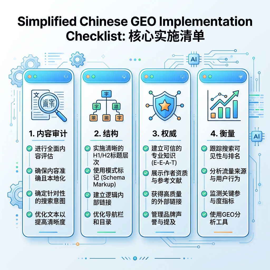 面向 30 天 SEO 和 GEO 计划的四周清单图，覆盖测量、意图映射、页面修复和 AI 可见性