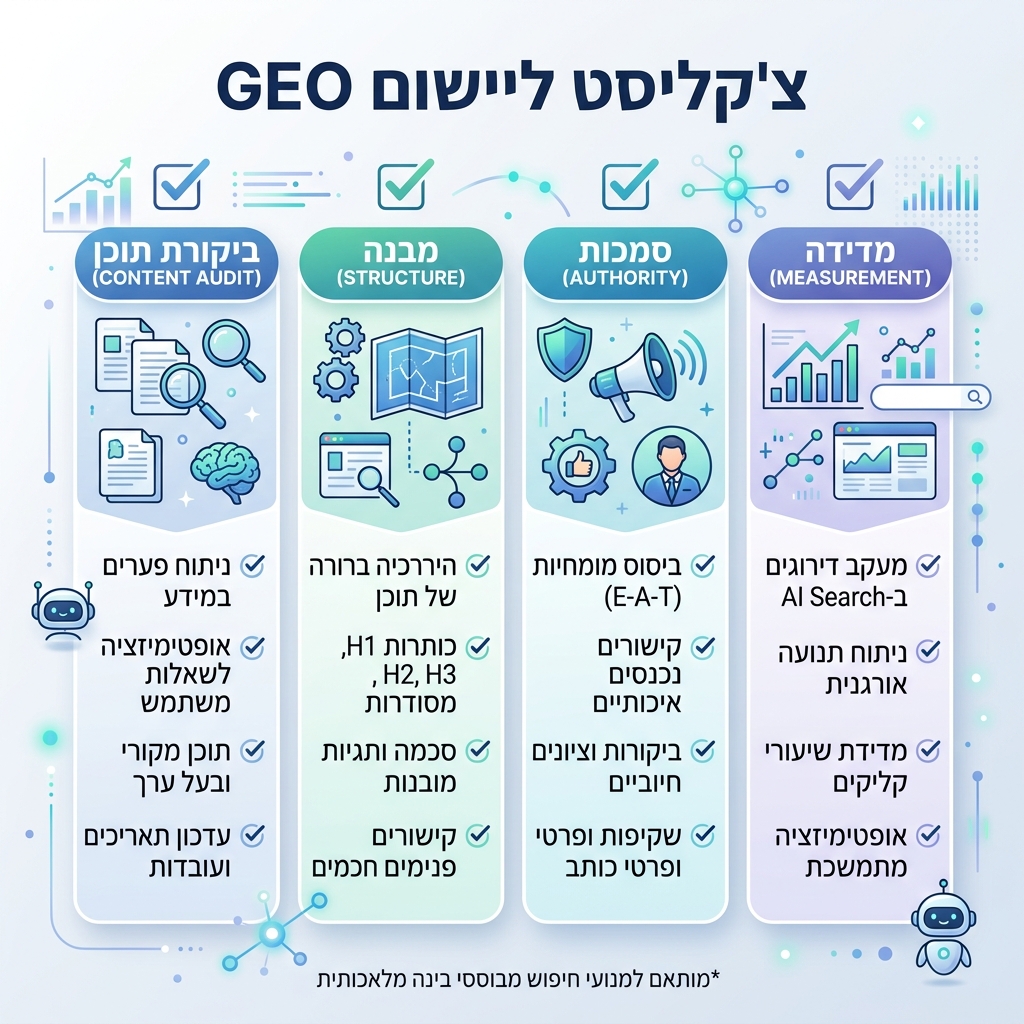 面向 30 天 SEO 和 GEO 计划的四周清单图，覆盖测量、意图映射、页面修复和 AI 可见性