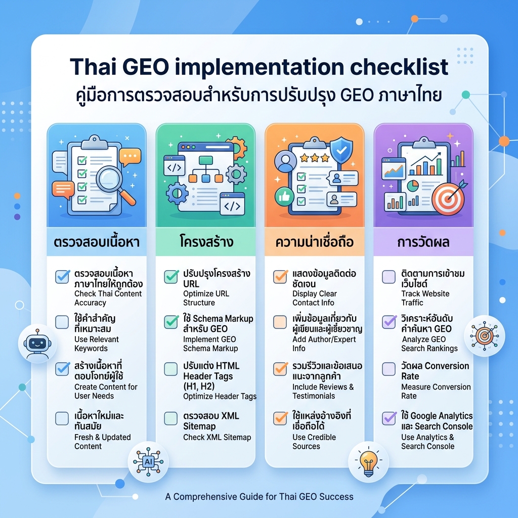 面向 30 天 SEO 和 GEO 计划的四周清单图，覆盖测量、意图映射、页面修复和 AI 可见性