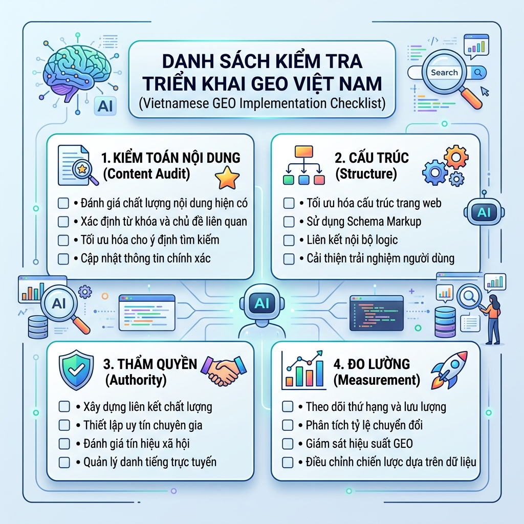面向 30 天 SEO 和 GEO 计划的四周清单图，覆盖测量、意图映射、页面修复和 AI 可见性