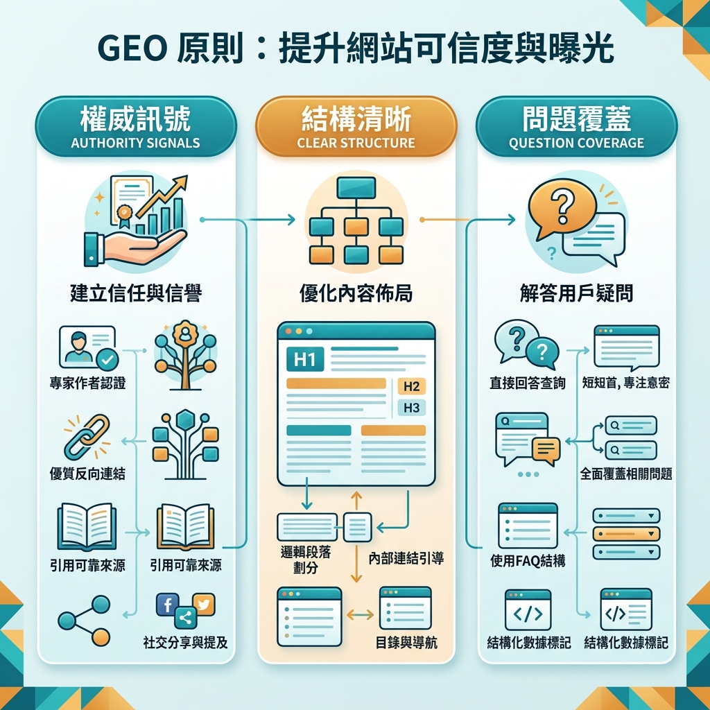 可见性栈示意图，展示技术访问、网站结构、有用内容、实体信任、AI 引用格式和衡量