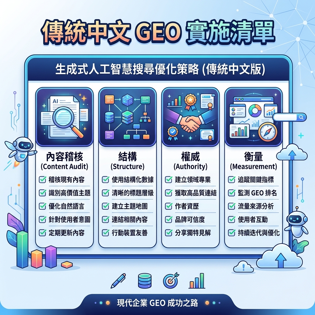 AI 可见性入门清单，包含 sitemap、爬虫访问、直接答案、FAQ、schema、专业性和提及追踪