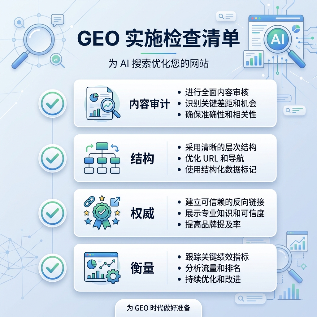 AI 可见性入门清单，包含 sitemap、爬虫访问、直接答案、FAQ、schema、专业性和提及追踪