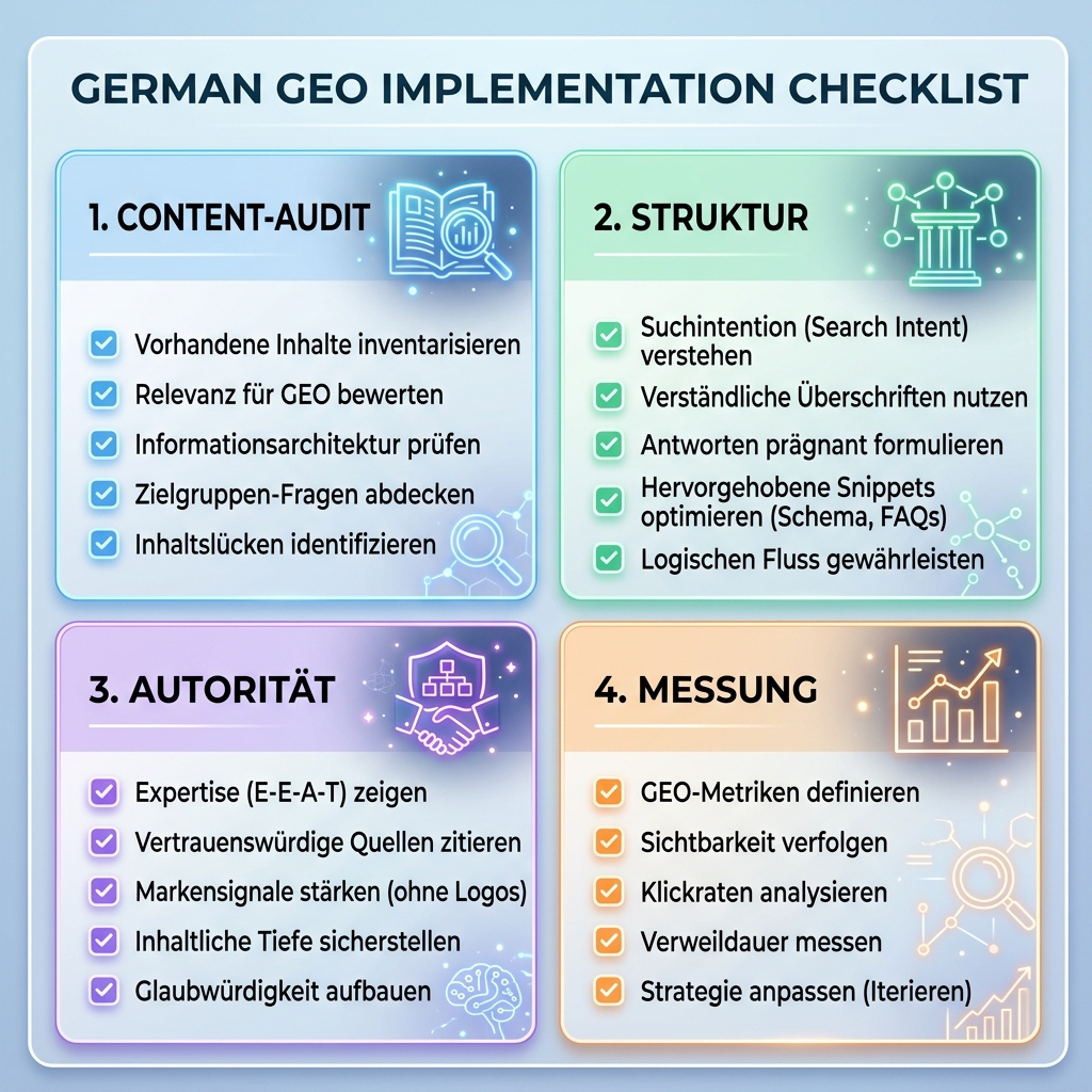 AI 可见性入门清单，包含 sitemap、爬虫访问、直接答案、FAQ、schema、专业性和提及追踪
