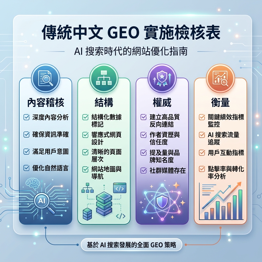 AI 可见性入门清单，包含 sitemap、爬虫访问、直接答案、FAQ、schema、专业性和提及追踪
