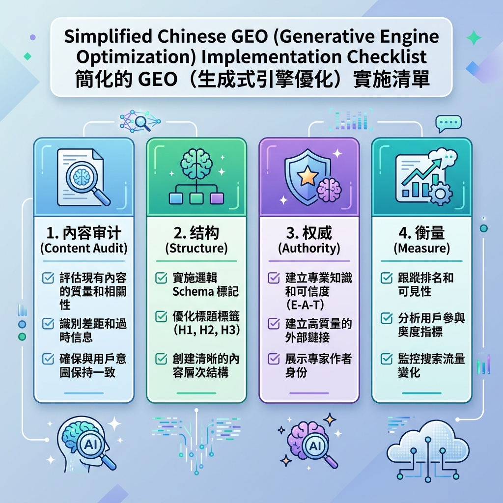 AI 可见性入门清单，包含 sitemap、爬虫访问、直接答案、FAQ、schema、专业性和提及追踪