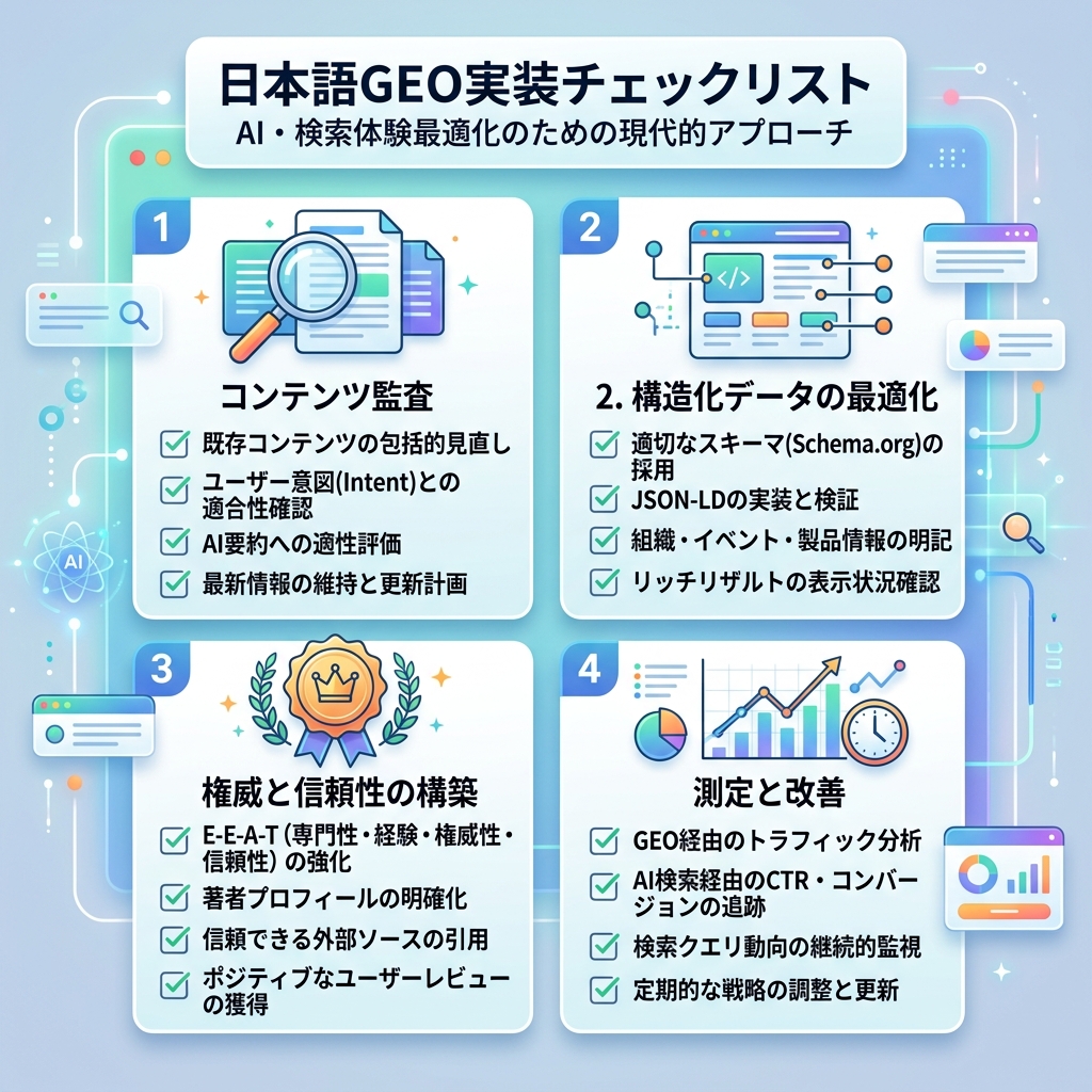 GEO 准备度审计矩阵，展示六项检查：快速页面、直接答案、FAQ schema、作者证明、主题集群和 AI 可见性检查