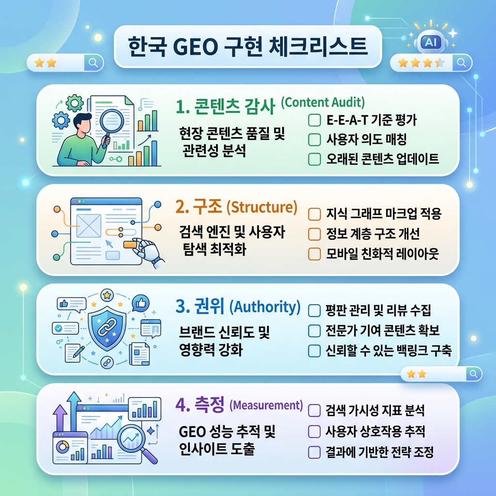 GEO 准备度审计矩阵，展示六项检查：快速页面、直接答案、FAQ schema、作者证明、主题集群和 AI 可见性检查
