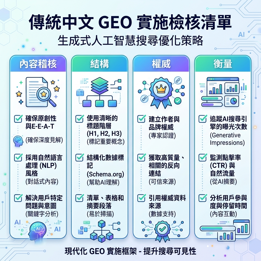 GEO 准备度审计矩阵，展示六项检查：快速页面、直接答案、FAQ schema、作者证明、主题集群和 AI 可见性检查