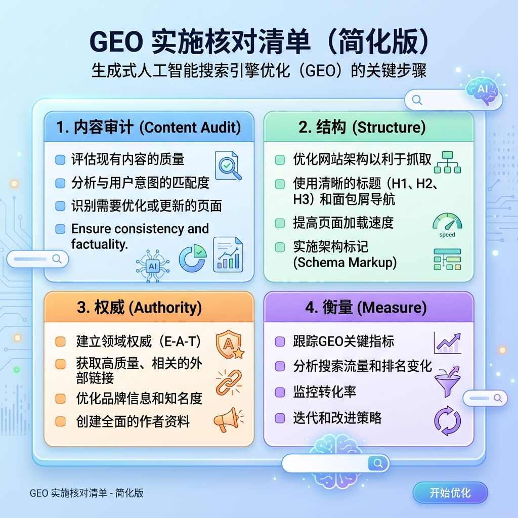 GEO 准备度审计矩阵，展示六项检查：快速页面、直接答案、FAQ schema、作者证明、主题集群和 AI 可见性检查