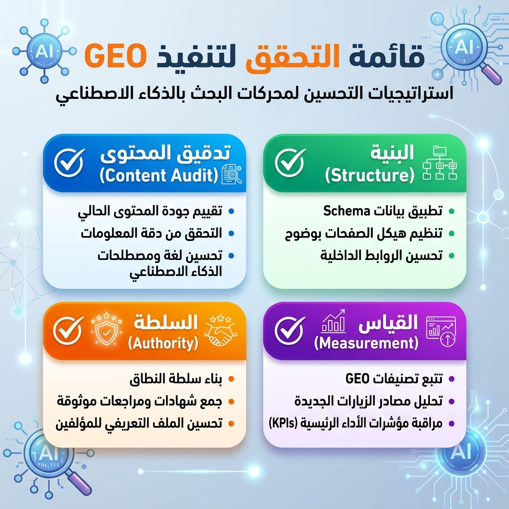 GEO 准备度审计矩阵，展示六项检查：快速页面、直接答案、FAQ schema、作者证明、主题集群和 AI 可见性检查