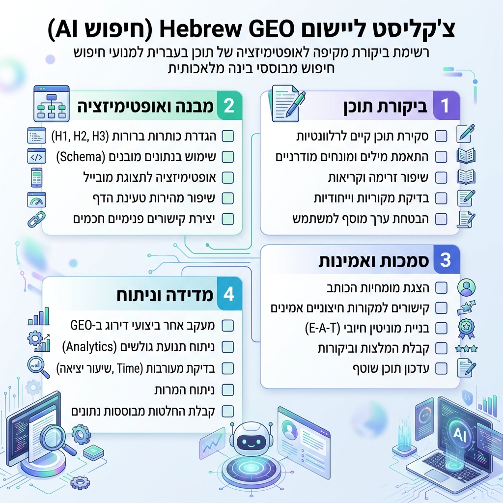 GEO 准备度审计矩阵，展示六项检查：快速页面、直接答案、FAQ schema、作者证明、主题集群和 AI 可见性检查