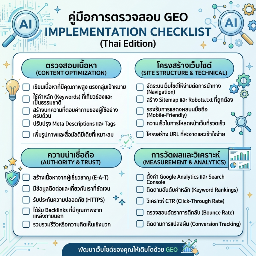 GEO 准备度审计矩阵，展示六项检查：快速页面、直接答案、FAQ schema、作者证明、主题集群和 AI 可见性检查