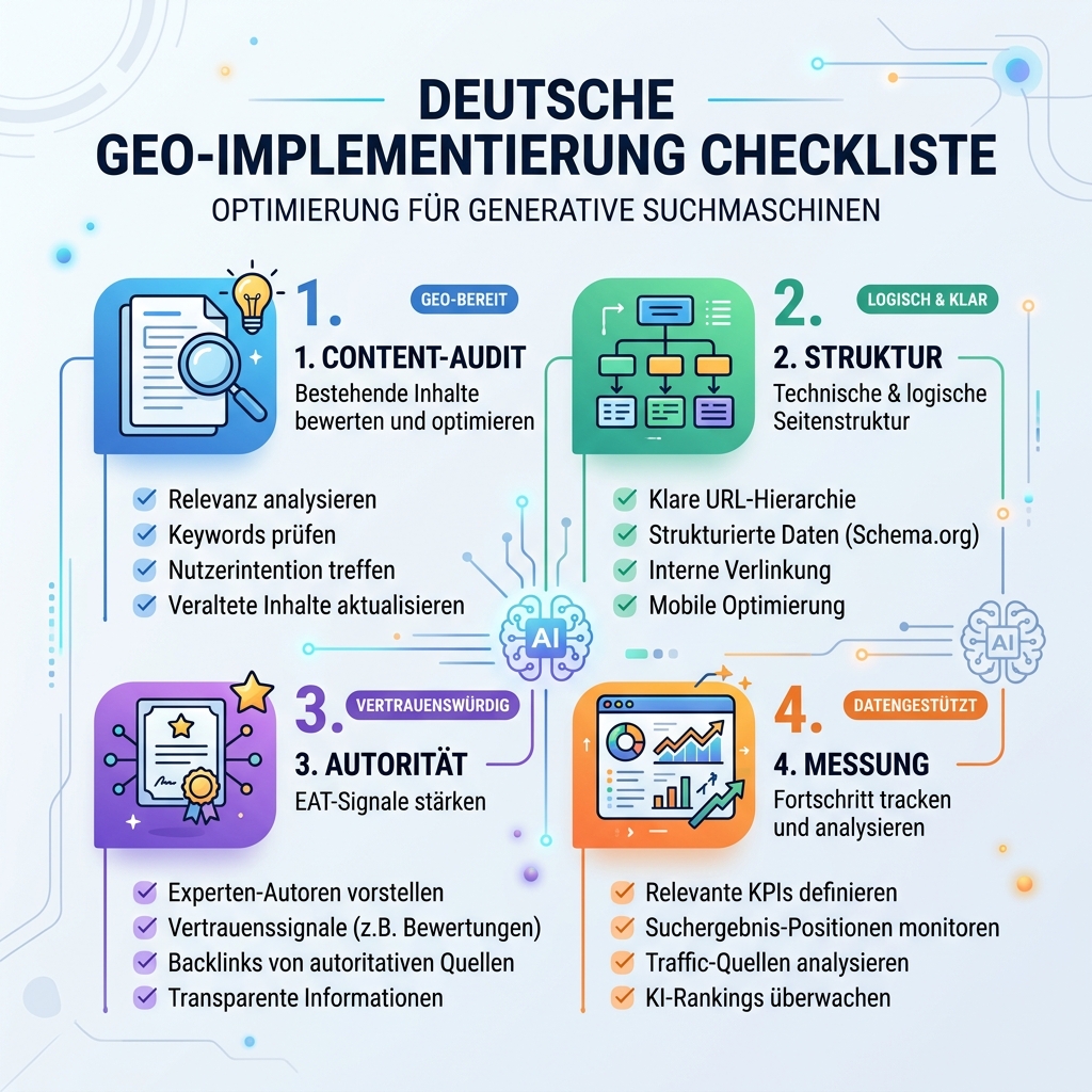 GEO 准备度审计矩阵，展示六项检查：快速页面、直接答案、FAQ schema、作者证明、主题集群和 AI 可见性检查