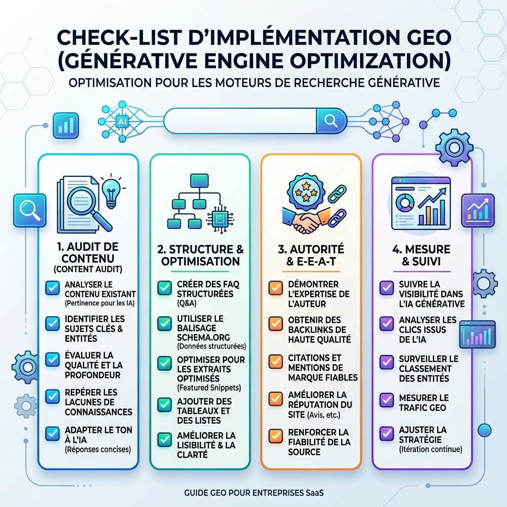 GEO 准备度审计矩阵，展示六项检查：快速页面、直接答案、FAQ schema、作者证明、主题集群和 AI 可见性检查