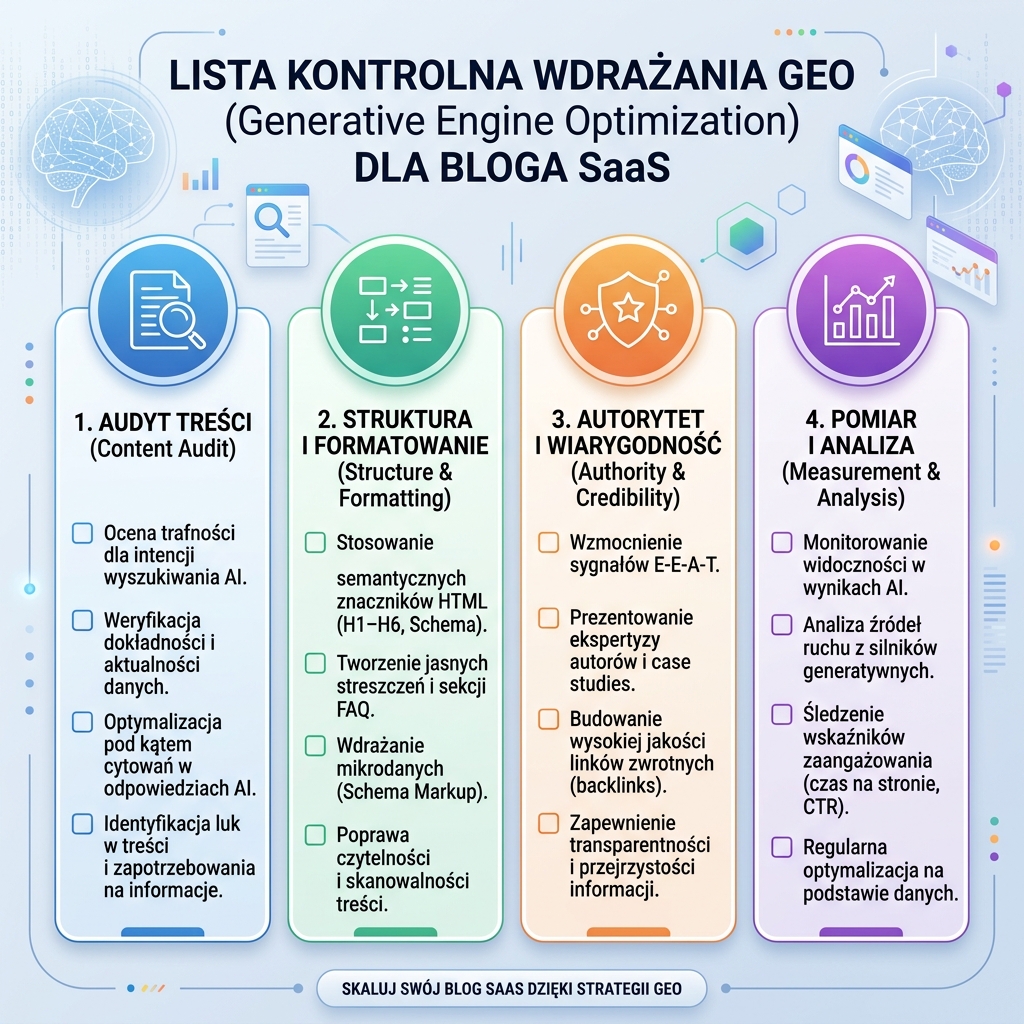 GEO 准备度审计矩阵，展示六项检查：快速页面、直接答案、FAQ schema、作者证明、主题集群和 AI 可见性检查
