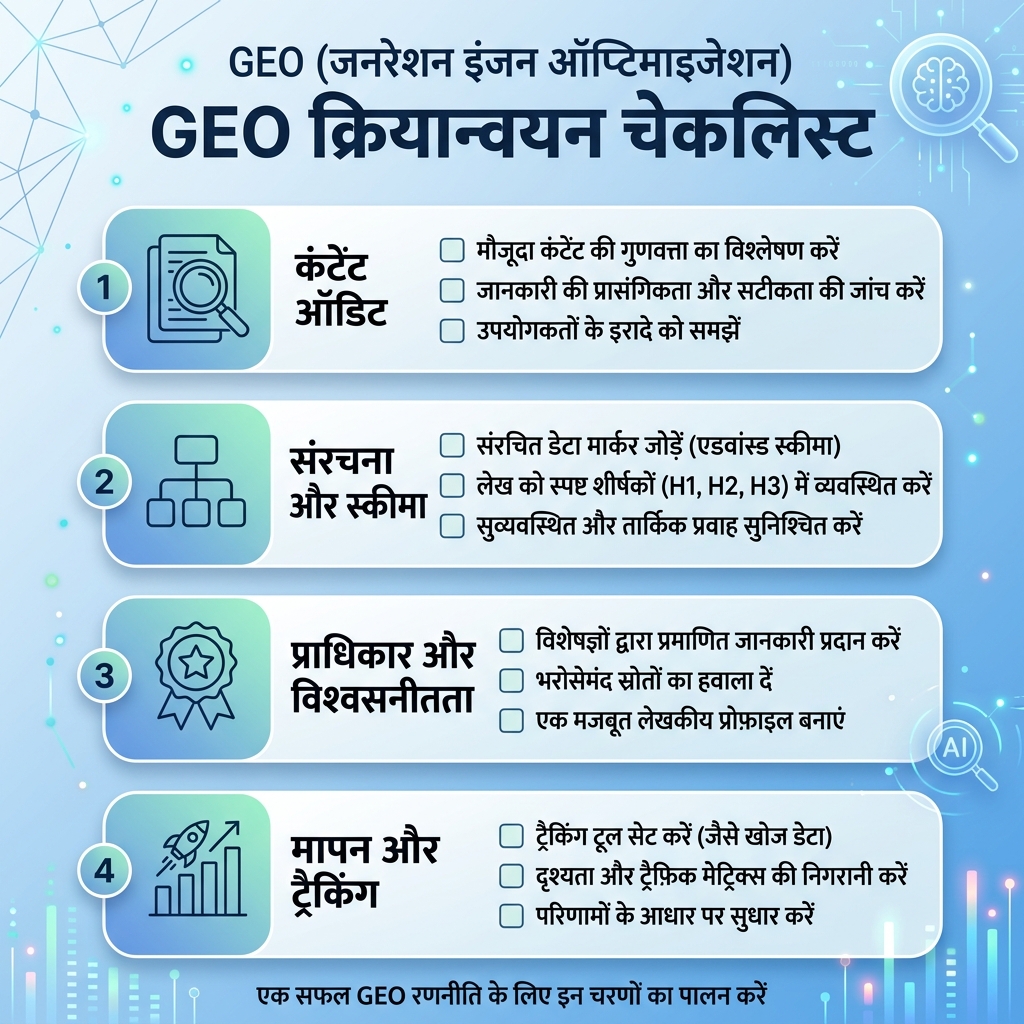GEO 准备度审计矩阵，展示六项检查：快速页面、直接答案、FAQ schema、作者证明、主题集群和 AI 可见性检查