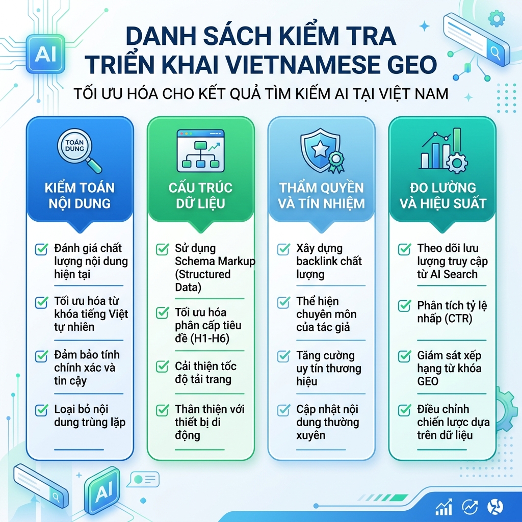 GEO 准备度审计矩阵，展示六项检查：快速页面、直接答案、FAQ schema、作者证明、主题集群和 AI 可见性检查