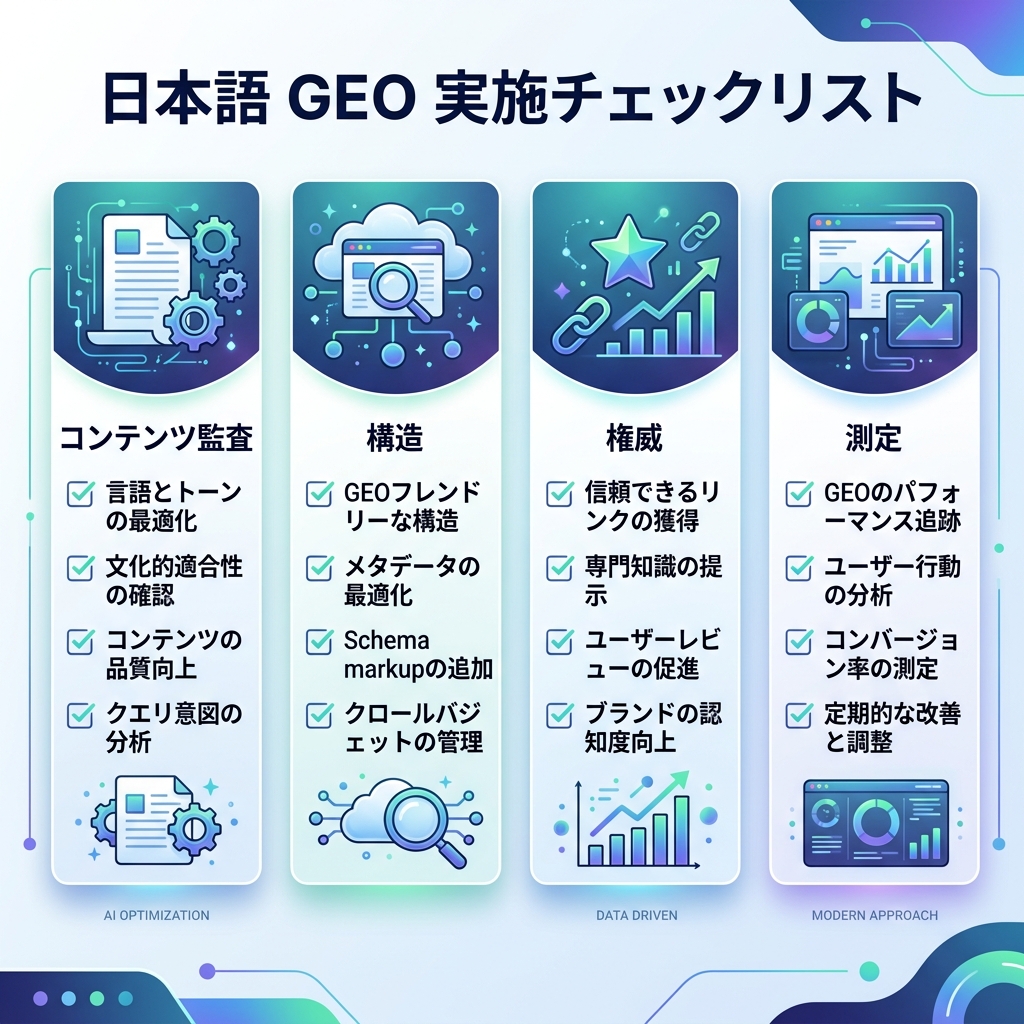 GEO 页面审计工作流，展示目标问题、答案块、证明标签、可解析结构、爬虫访问和技术检查