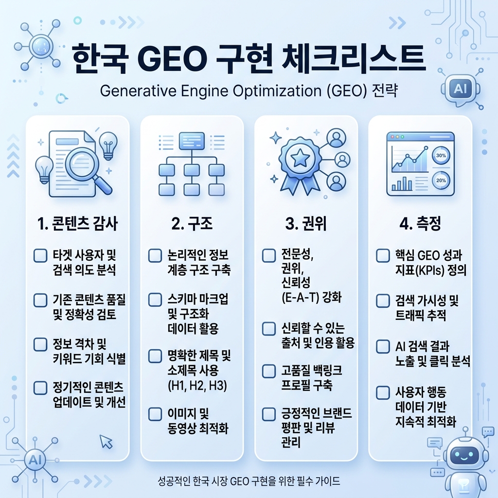 GEO 页面审计工作流，展示目标问题、答案块、证明标签、可解析结构、爬虫访问和技术检查