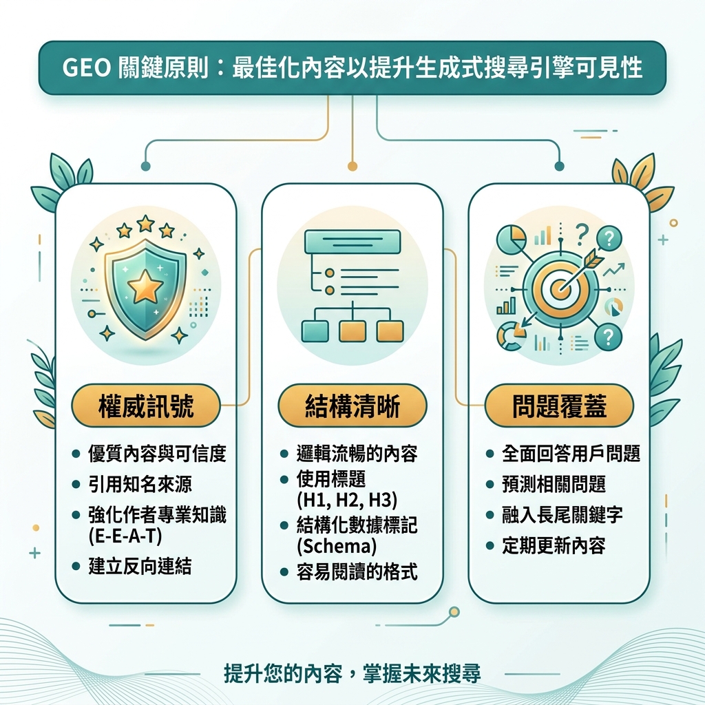 SEO 与 GEO 对比图，展示搜索排名输入、检索、生成式答案和以引用为核心的内容信号